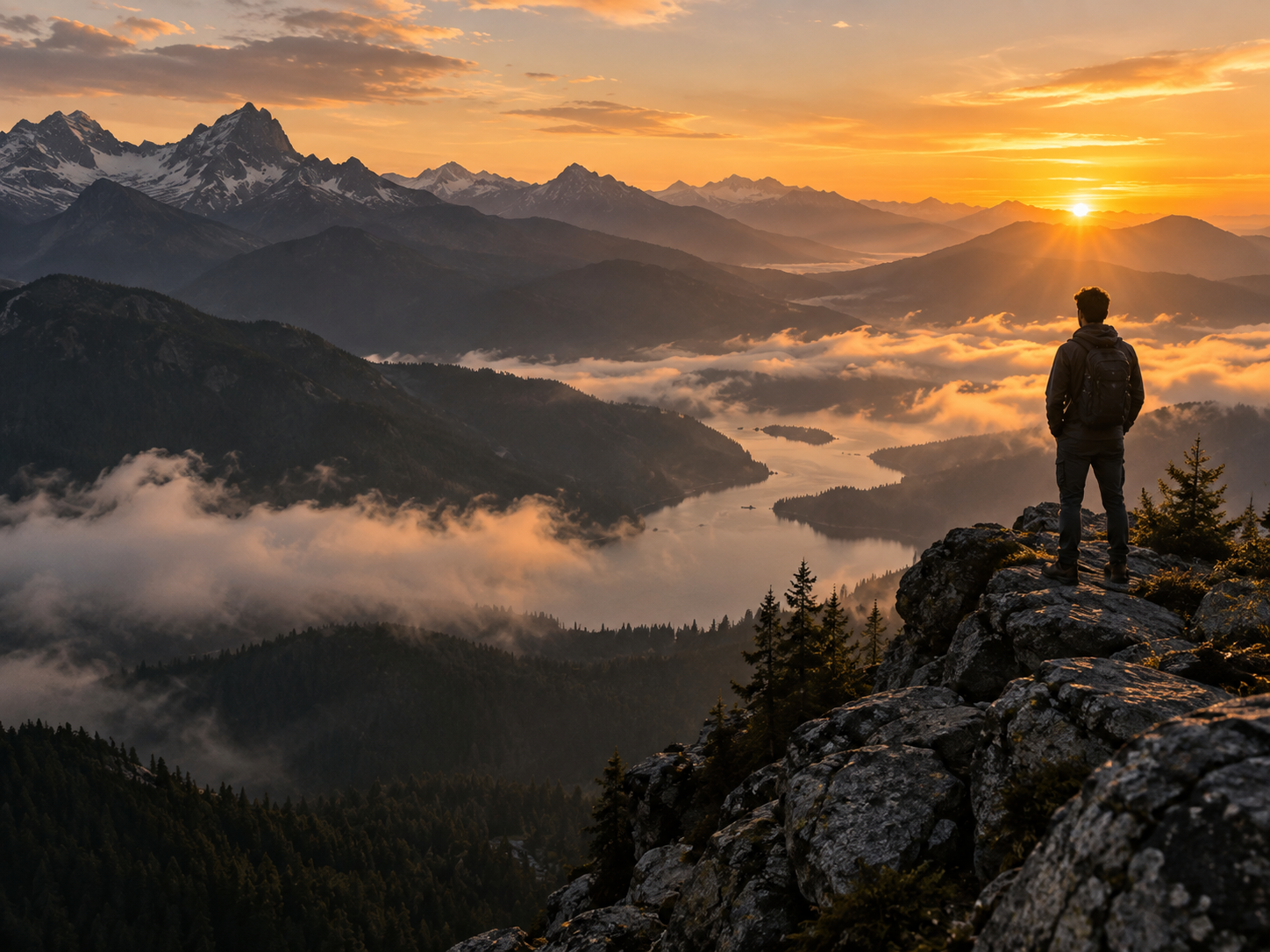 Founder overlooking an alpine valley at sunrise