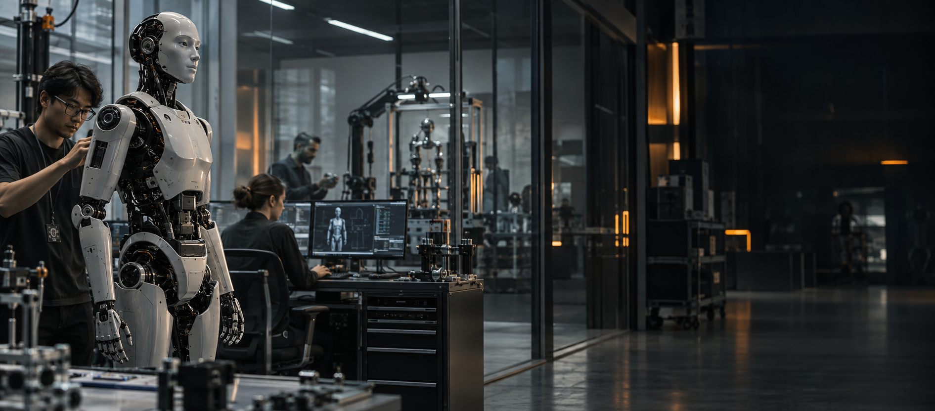 Engineers working with a humanoid robot in a research lab